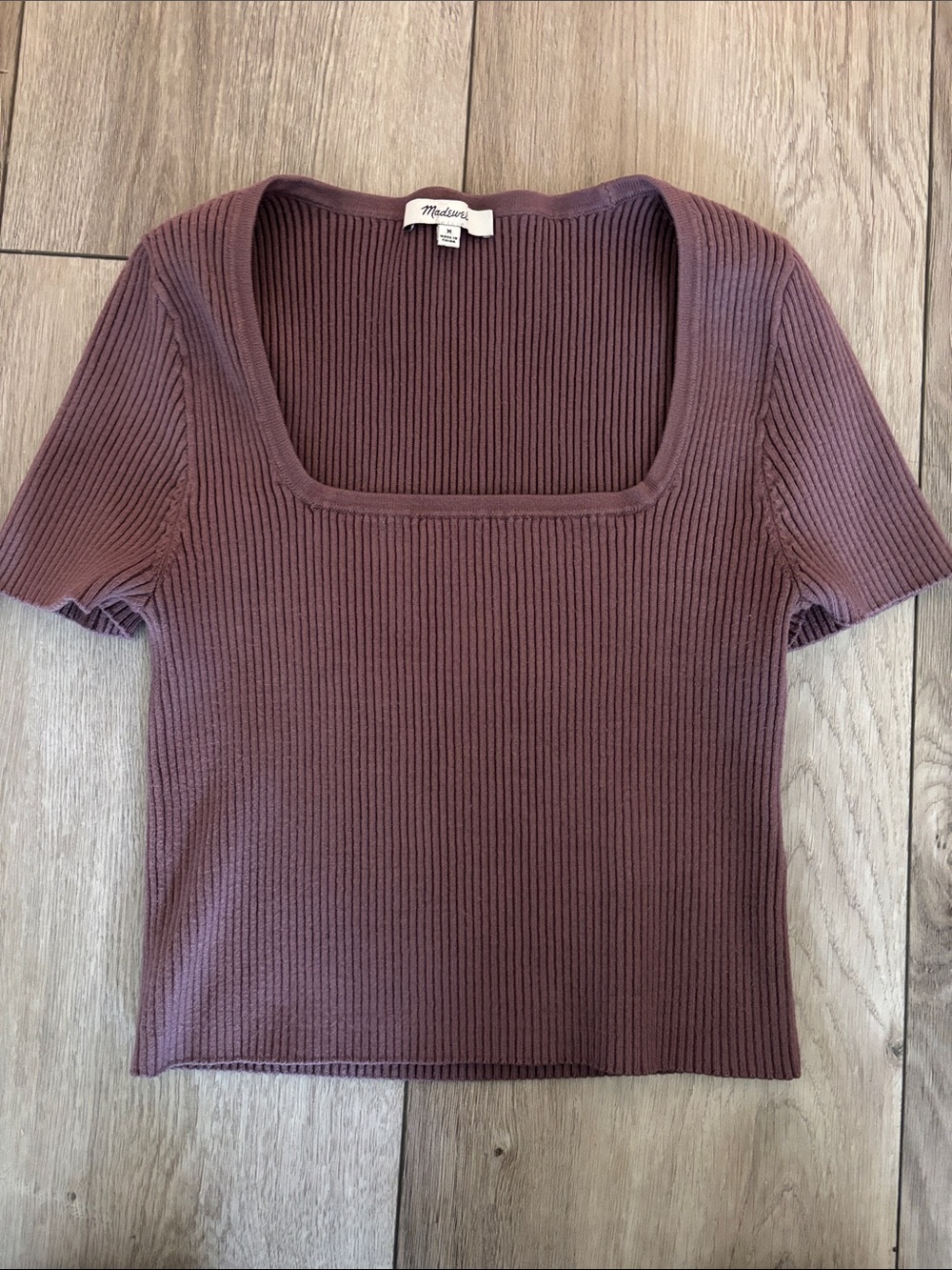Madewell Plum Ribbed Square-Neck Short Sleeve Top